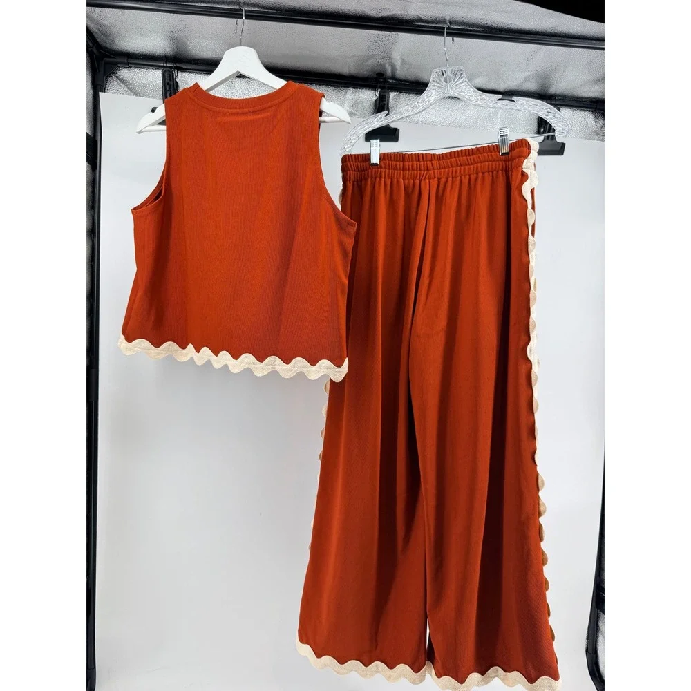 Entro Rust Orange Ribbed Knit Ric Rac Trim Crop Top and Wide Leg Pants Set MED